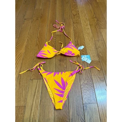 Conjunto de traje de baño bikini de cuerda triángulo hoja tropical rosa amarillo Roxy para mujer L Foto 1 de 4