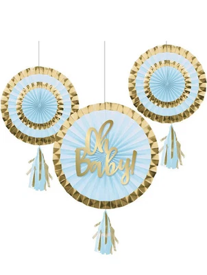 Oh Baby Blue & Gold Foil Decorative Paper Fans W/ Tassels 3ct - Image 1 of 4