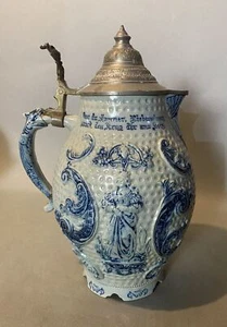 Vintage deutsch blau & weiß figural 12" Steinzeug Musik Stein Krug - Bild 1 von 9