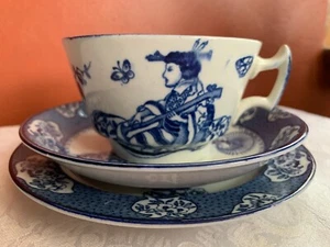 TSING by WOOD & SONS Blue & White Geisha Antique Plate, Cup & Saucer - Picture 1 of 8