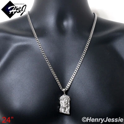 18"-40"MEN Stainless Steel 5mm Silver Cuban Curb Chain CZ Jesus Face Pendant*133 - Image 1 of 4