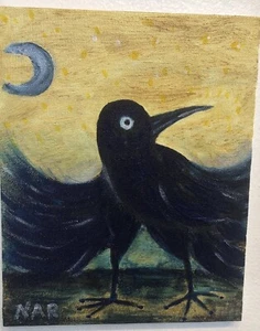 Crow Painting Bird Original Painting Raven Wall Art Golden Painting - Picture 1 of 6
