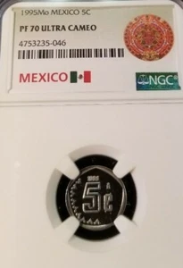 1995 MEXICO 5 CENTAVOS NGC PF 70 ULTRA CAMEO TOP POP VERY SCARCE COIN ! - Picture 1 of 3