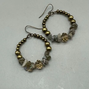 Boho Hoop Earrings Brass Tone Beaded Grey Nugget Chips Faceted Accent 2 Inch - Picture 1 of 9