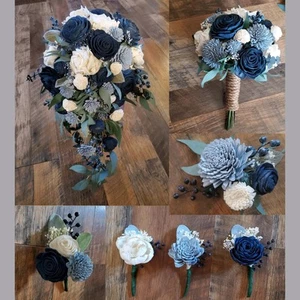 Navy Dusty Blue White Bridal Bouquet Sola Wood Eucalyptus Cascade Bridesmaid - Picture 1 of 16