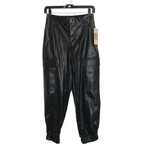 Madden NYC Cargo Jogger Pants Womens M 5 7 Black Faux Pleather Elastic Waist - Picture 1 of 8