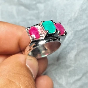 Main Stone Emerald, Secondary Stones Ruby Stone Natural Gems Ring Silver Ring - Picture 1 of 7