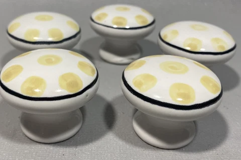 Vintage Porcelain Ceramic Cabinet Knobs White Pulls w/Yellow Polka Dots Lot of 5 Cover