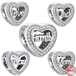 S925 Sterling Silber Familie Liebe Schwester, Mutter Herz Pave Charms - Bild 1 von 5