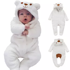 Newborn Romper Baby Boy Girls Coat Fleece Jumpsuit Winter Warm Clothing - Picture 1 of 9