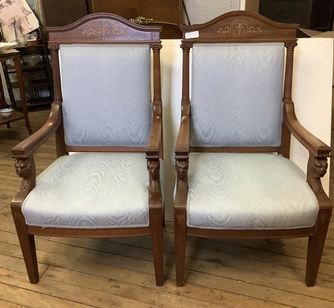 Pair Mahogany Inlayed Griffin Arm Chairs. 44 in tall Cover