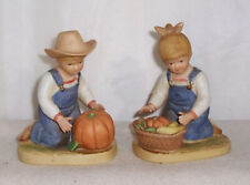 homco 1985 "denim days" girl with basket & boy with pumpkins set of 2 pre-owned