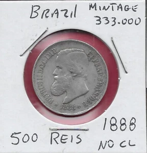 BRAZIL 500 REIS 1888 PETER II THE MAGNANIMOUS 1831-1868,BEARDED BUST TO LEFT ABO - Picture 1 of 2