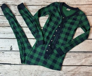Hanna Andersson Unisex Kids 140 10 Green Blue Plaid Winter One Piece Pajamas - Picture 1 of 2