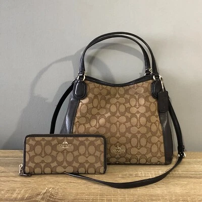 Bolso de hombro Coach Signature Edie mediano con logotipo caqui y marrón con billetera Precio de venta sugerido por el fabricante 398 USD Foto 1 de 4