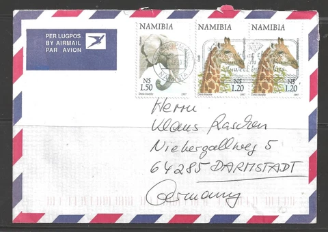 Nambia 2008, N$1.50 Elephant & N$1.20 Giraffe, Swakopmund to Germany Cover