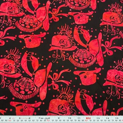 Red Hats & Polka Dots BATIK Black Cotton Fabric Remnant 17" x 44" - Image 1 of 2