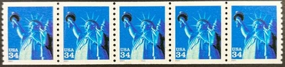 United States, PNC Strip of Five, Scott #3476, 34 Cent, Statue of Lib, ExF,  MNH - Image 1 of 4