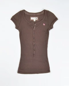 Unique Abercrombie & Fitch Y2K Short Sleeve Fitted Ribbet Henley Brown Top XS-S - Picture 1 of 7