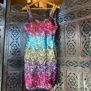 Sz 12 L Colorful Sequin Short Dress Bodycon Cocktail Club Prom Stage Costume - Picture 1 of 18