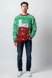 Peanuts Snoopy Ugly Xmas Sweater Green Holiday Lights Doghouse Herren XL - Bild 1 von 9