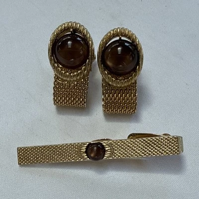 Vintage Swank Mesh Wrap Cufflinks & TIE BAR SET With Tigers Eye Stone! - Image 1 of 4