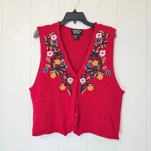 Vintage Sweater Vest Pronto Gold Floral Embroidered Red Knit Buttons L - Picture 1 of 8