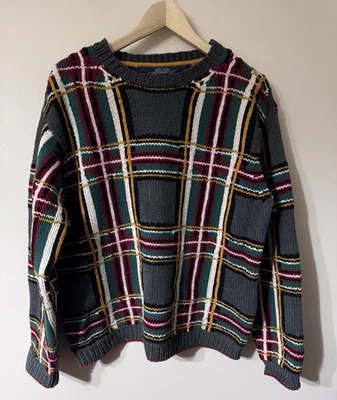 Vintage Tommy Hilfiger 90s Chunky Lambs Wool/ Cotton Knit Plaid Sweater L - Image 1 of 4