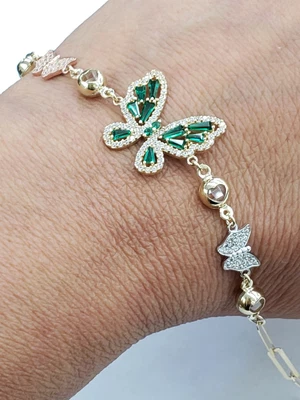 Real 14k gold green butterfly paperclip bracelet 7-7.50 inches  adjustable Size - Image 1 of 4
