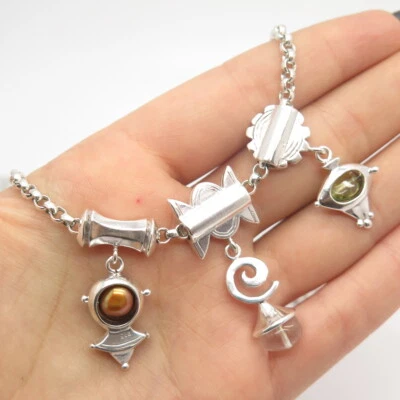 925 Sterling Silver Vintage Pearl & Quartz Peridot Gem Rolo Chain Necklace 18" Foto 1 de 4