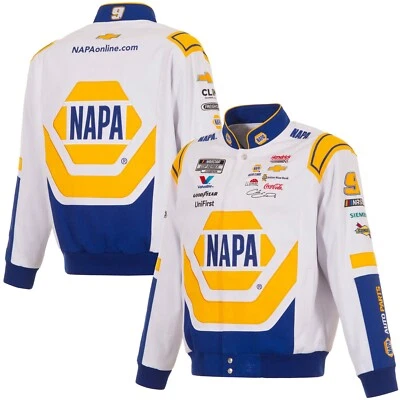 Chaqueta a presión completa Nascar Chase Elliott JH Design 2025 blanca Royal NAPA de algodón Foto 1 de 4