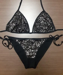 H&M Black Sequin Tie Side Bikini - US Sz Top 14, Bottoms 10 - Picture 1 of 5