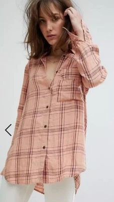 Camisa Free People No Limits 100% Lino Botón Delantero y Trasero S Naranja Melocotón Cuadros Foto 1 de 4