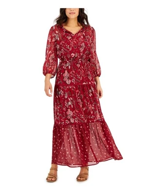 TINSEL Womens Red Tie Lined Elastic Waist Pullover 3/4 Sleeve Split Maxi Dress 0 - Image 1 of 3