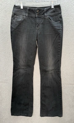 Pantalones de mezclilla London para mujer 6 negros acampanados elásticos con solapa bolsillo desgastados preppy Foto 1 de 4