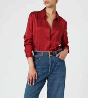 French Connection Ennis Satin Shirt Womens Size L Wine Red Viscose Button-Up - Image 1 of 4