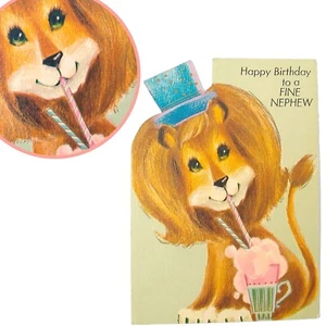Tarjeta de felicitación de cumpleaños troquelada años 60 Rust Craft antropomórfica león sobrino firmada - Imagen 1 de 7