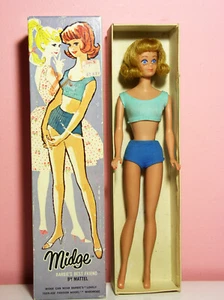 Vintage Midge Modell #860 blonde Haare kinnlang Flip Pony OSS weiß Pantoletten Box - Bild 1 von 12