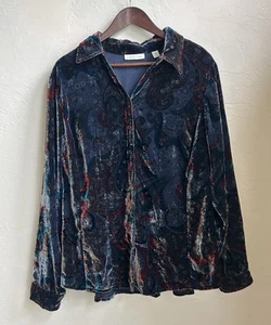 Coldwater Creek Velvet Button Up Top 2X Dark Paisley Whimsigoth Plus Witchy - Picture 1 of 9
