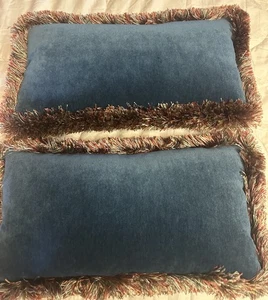 Throw Lumbar Pillows or Cushions . Velvet Blue With Colorful Fringe - Picture 1 of 12