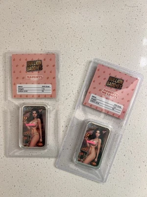 PAR (2) barras de plata Bullion Baddies de 1 oz, Peachy Paula ¡Se ve lo mejor posible! Foto 1 de 4