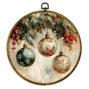 Vintage Christbaumkugel Kugel rund Wandbild gerahmt, rustikaler Weihnachtskreis... - Bild 1 von 7