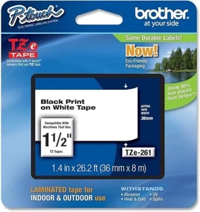 Brother P-Touch TZe-261 Laminated Tape Black Print On White Tape 1 1/2 - Picture 1 of 1