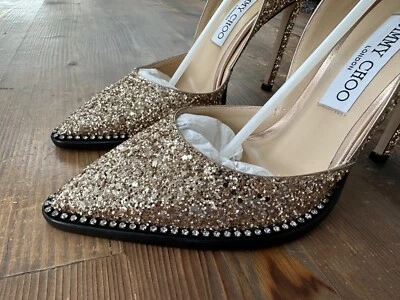 NEW Unopened Jimmy Choo Babette 100 Goldie Pumps w/ Glitter & Crystal Trim Sz 39 - Image 1 of 4