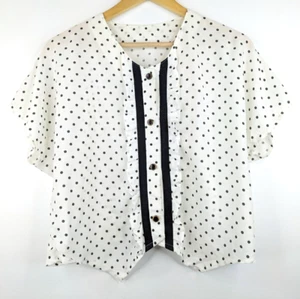 Vintage 80s Women White Black Polka Dot Boxy Ruffled Short Sleeve Blouse Size 10 - Picture 1 of 6