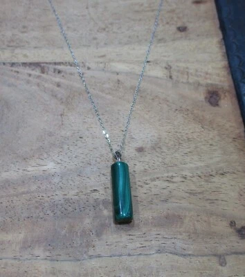 catenina collana  pietra malachite charm amuleto cilindro argento 925 rodiato - Immagine 1 di 4