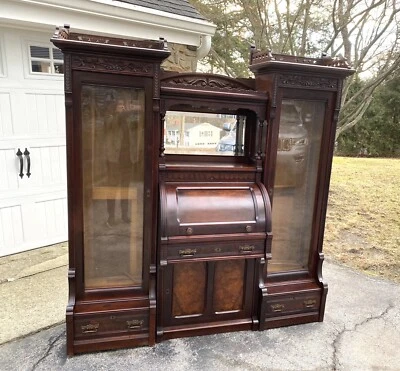 VICTORIAN WALNUT AND BURL CYLINDER DESK WITH BOOKCASE - Image 1 of 4