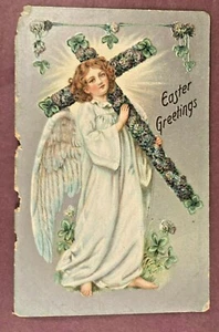 Angel with Wings Holding Purple Flowered Cross - Embossed Easter Postcard - Bild 1 von 2