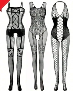 3PCS Sexy Women's Fishnet Lingerie Lace Bra Set Sleepwear Nightwear Babydoll USA - Picture 1 of 23