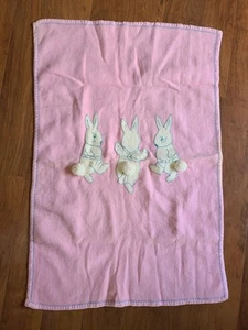 Vtg 40s Handmade Pink Wool Baby Blanket Embroidered Applique White Bunny Rabbits - Picture 1 of 7
